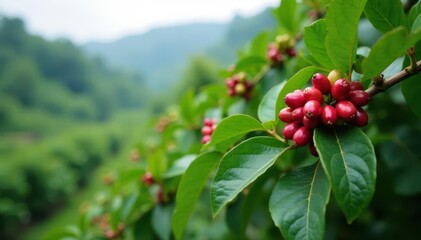 Obraz premium Crimson coffee cherries ripening on vibrant green bushes, misty highland plantation , detail, farmland