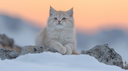 Pallas's cat amidst snowy expanses, a feline marvel basking in the soft glow of twilight against a panoramic vista of wintry wilderness escapade