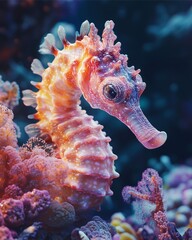 A close-up of a seahorse wrapped around a soft coral