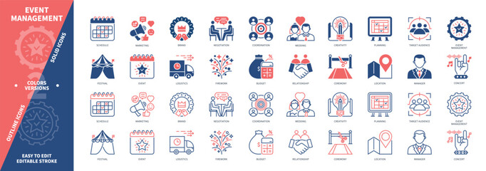 Event Management icon set. Events, Schedule, Festival, Budget, Target Audience, Coordinating, Marketing, Logistics. Duotone color solid and editable outline icons