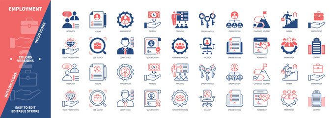 Employment icon set. Job Search, Value Proposition, Resume, Interview, Qualification, Profession, Agreement, Career. Duotone color solid and editable outline icons