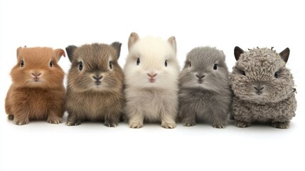 Adorable row of fluffy guinea pigs in various colors against a crisp white backdrop evoking animal themes and pet care perfect for design elements and creative illustration