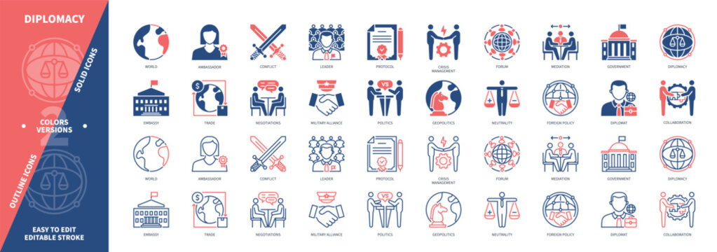 Diplomacy icon set. Embassy, Ambassador, Negotiations, Foreign Policy, Mediation, Forum, Neutrality, Leader. Duotone color solid and editable outline icons