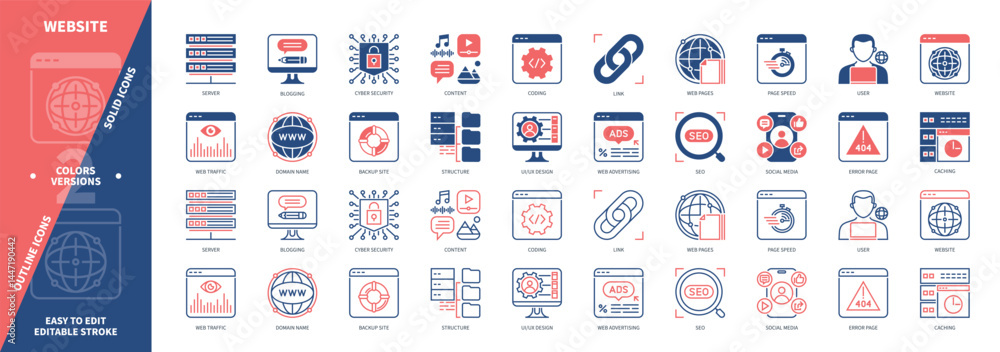 Poster website icon set. server, web traffic, structure, caching, content, cyber security, seo, coding. duo