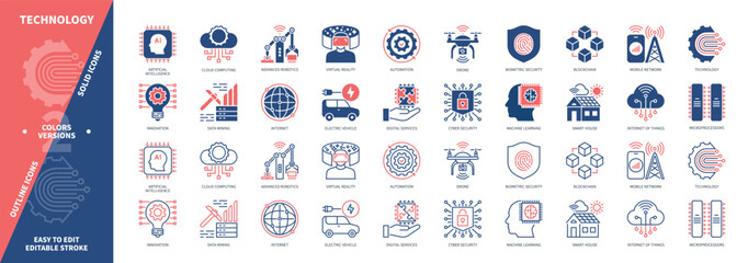 Technology icon set. Innovation, Artificial Intelligence, Data Mining, Advanced Robotics, Automation, Internet, Blockchain, Drone. Duotone color solid and editable outline icons
