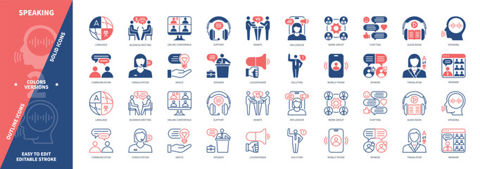 Speaking icon set. Business Meeting, Communication, Language, Loudspeaker, Influencer, Opinion, Webinar, Online Conference. Duotone color solid and editable outline icons © Genestro