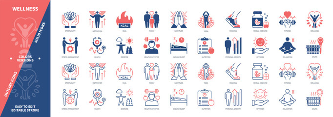 Wellness icon set. Family, Herbal Medicine, Nutrition, Running, Relaxation, Personal Growth, Yoga, Motivation. Duotone color solid and editable outline icons