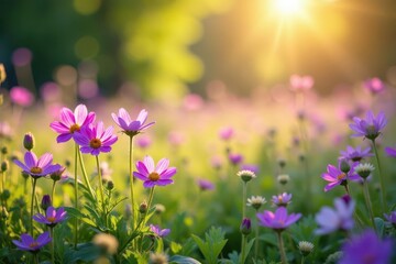 Purple and pink wildflowers blanket a sun-drenched meadow , nature, pink, floral