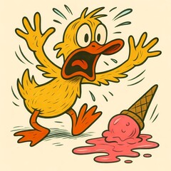 A Terrified Duckling Witnessing a Melted Ice Cream Cone Disaster