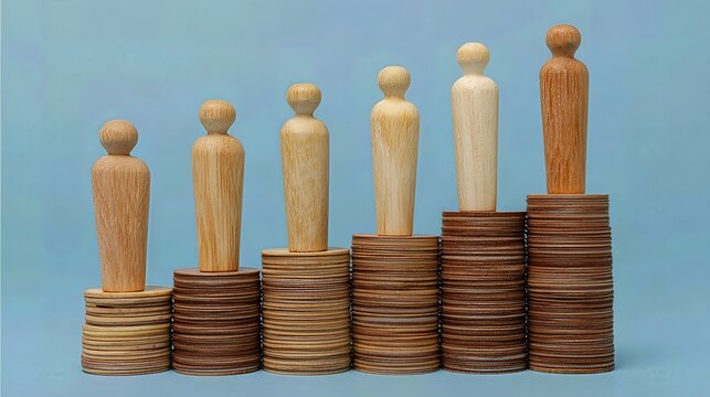 Wooden figures standing on stacks of coins symbolize career progression, job promotion, and varying levels of income and compensation in business and finance.
