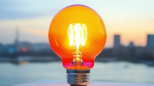 Illuminating Idea: A radiant, orange-hued lightbulb glows with a warm, inviting light, set against a soft, blurred cityscape. Symbol of innovation and enlightenment.