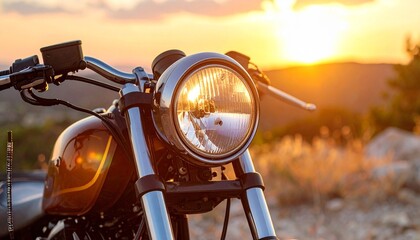 Closeup shot of a motorcycle on a sunset background