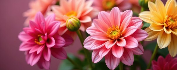 Vibrant pink and yellow dahlia blossoms, close-up view , closeup, spring, design
