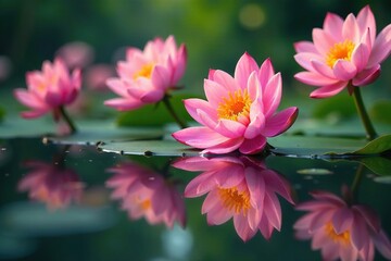 Obraz premium Vibrant blooms mirrored in still lake water, creating a captivating floral pattern , lake, garden