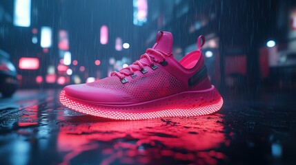 Pink futuristic running shoe on wet city street at night
