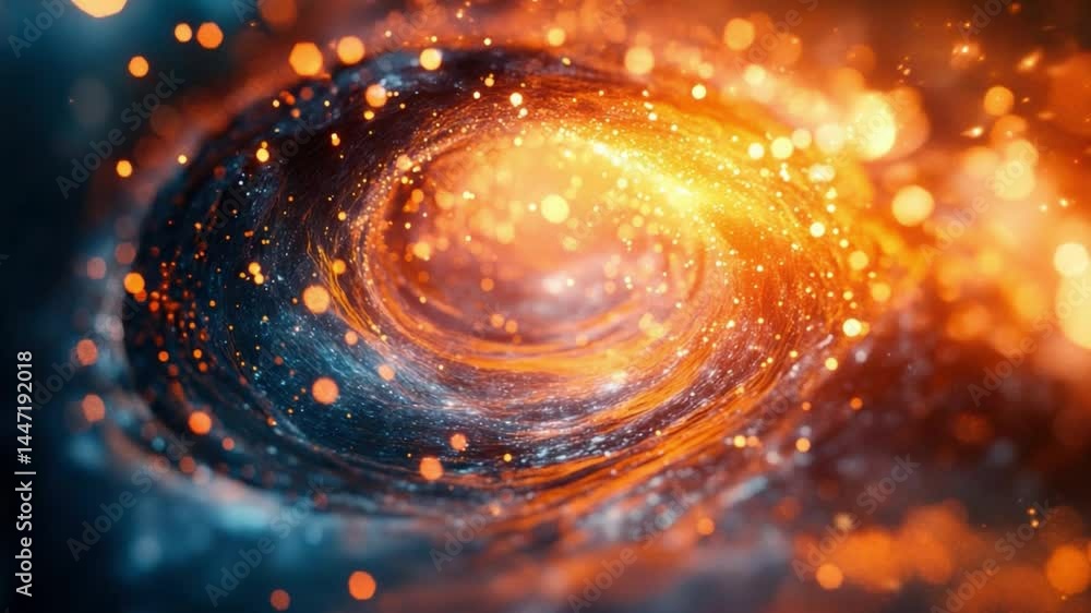 Poster cosmic vortex: a mesmerizing swirl of cosmic dust and swirling light, ablaze with fiery orange hues.