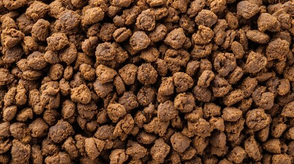 The detailed view of vegan dog kibble shows uniform, crunchy pieces, offering a nutritious plant-based meal formulated for dogs' health and well-being.