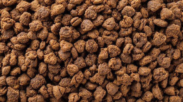 The detailed view of vegan dog kibble shows uniform, crunchy pieces, offering a nutritious plant-based meal formulated for dogs' health and well-being.