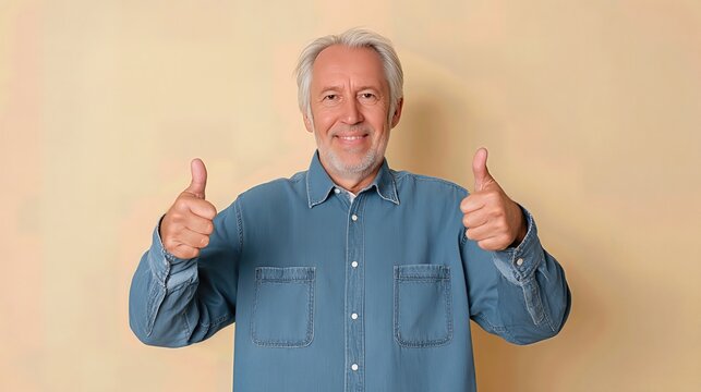Smiling broadly, the senior man in casual clothes makes a thumbs up gesture, capturing the essence of optimism and cheerful approval.

