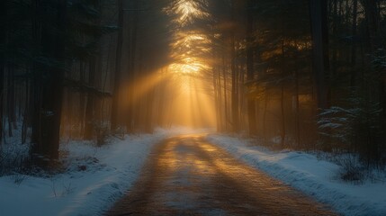Sunbeams illuminate snowy forest path at sunset