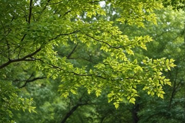 Fototapeta premium A gracefully curving beech branch, laden with vibrant green leaves , beech, shadow, park