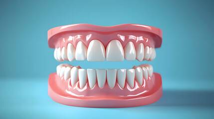 Fototapeta premium A dental care background featuring 3D white teeth with ample copy space in blue backdrop illustration