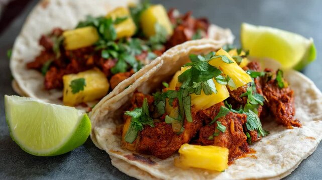 A mouth-watering image of chicken tacos with pineapple, garnished with fresh cilantro and lime wedges, perfect for showcasing vibrant Mexican culinary delights.