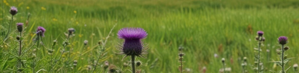 A vibrant purple thistle bursts forth amidst green field grasses , background, spring, outdoors