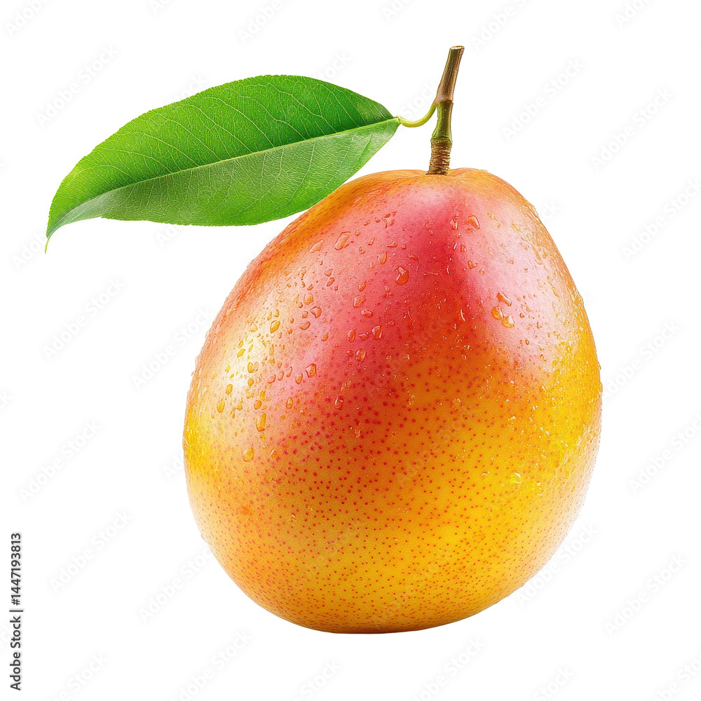 Poster fresh mango with a vibrant color and a green leaf isolated on a transparent background showcasing it