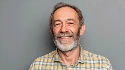 Obraz premium A handsome middle-aged man with a beard and grey hair smiles warmly at the camera, wearing a casual shirt against a neutral gray background.