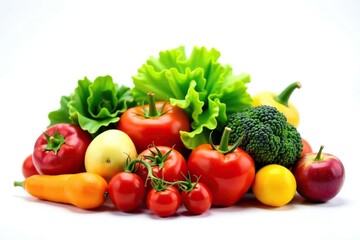 Variety of organic fruits & vegetables isolated, studio shot, natural
