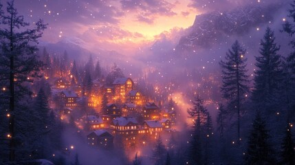Obraz premium Enchanted Winter Village: A Dreamlike Snowfall over Cozy Cabins Nestled in Mountains