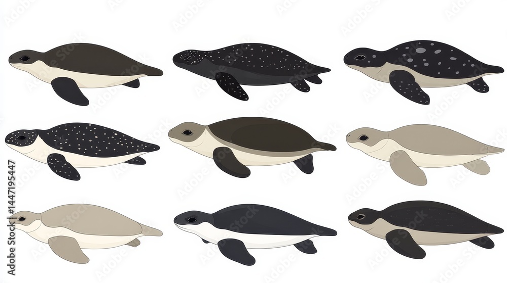 Poster pixelated sea turtle collection creating seamless pattern featuring diverse shades and retro gaming 