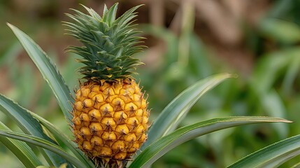 Fototapeta premium A close-up of a ripe pineapple in the garden shows its golden skin and spiky green leaves.