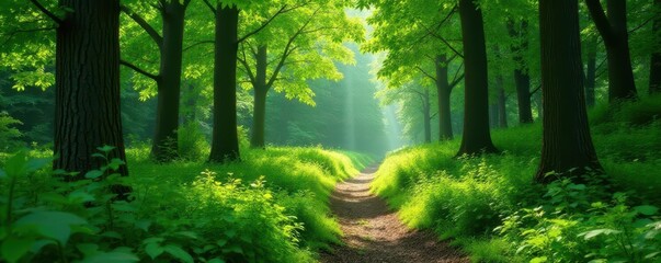 Fototapeta premium Lush green path winding through pristine forest , clean, clean environment, walking path