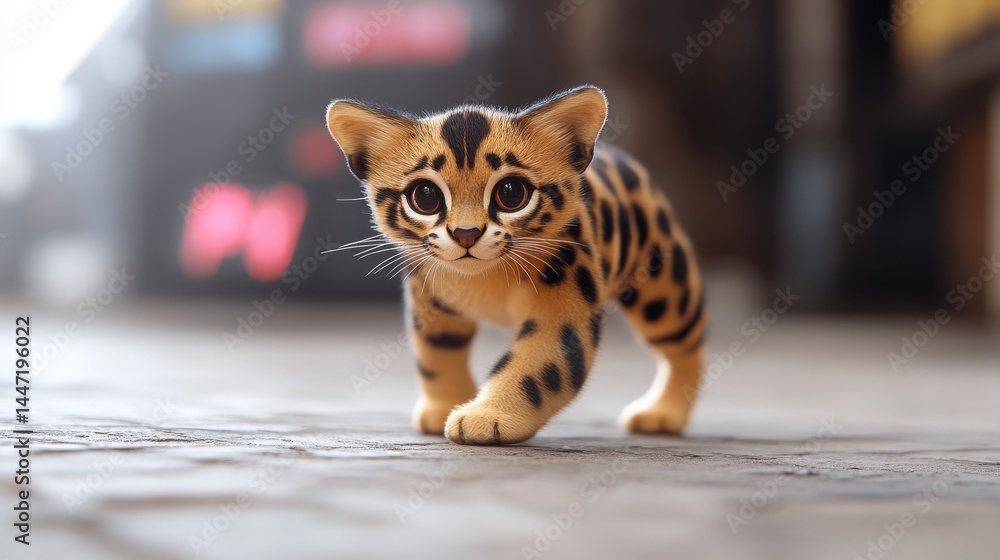 Poster adorable clouded leopard cub with captivating gaze strolling confidently, digital art rendering with