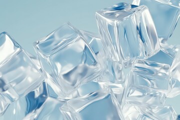 Crisp, translucent ice cubes in a light blue background.