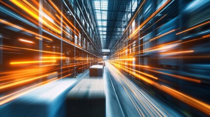 Abstract Digital Data Stream Visualization with Orange and Blue Light Streaks in a Dark Metallic Grid