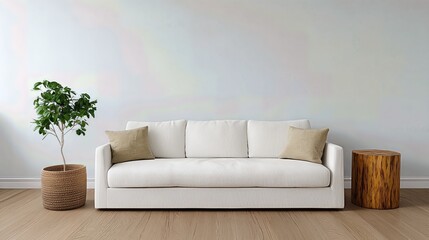 The Scandinavian-inspired living room combines functionality and elegance, with a cozy white sofa and sleek side tables set against a plain background for stylish home decor presentations.