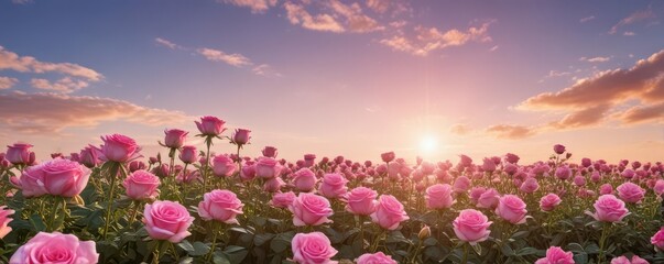 Obraz premium Sun-drenched field of pink roses, bright sky above , blossom, landscape, spring