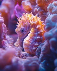 A close-up of a seahorse wrapped around a soft coral