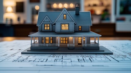 Miniature house model on blueprint plans