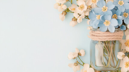 beautiful blooming spring flowers white and blue vintage aesthetic background with glass jar copy space and text space 