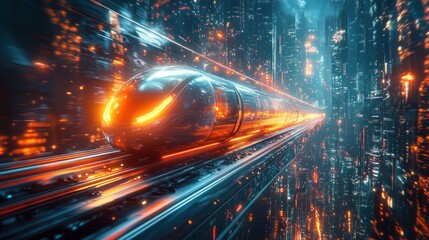 Futuristic Hyperloop Train Speeds Through Neon Cityscape
