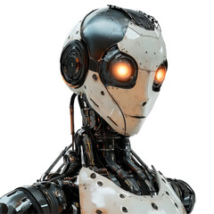 Fototapeta premium Futuristic robot stands with glowing eyes and intricate metal body against a clean Transparent background, robot with glowing eyes and a metal body, PNG background