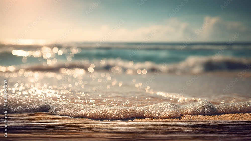 Poster abstract blurred beach view with shimmering bokeh sunlight effect