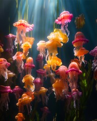 A flock of exotic jellyfish drifting through sunbeams underwater,dreamy watercolor