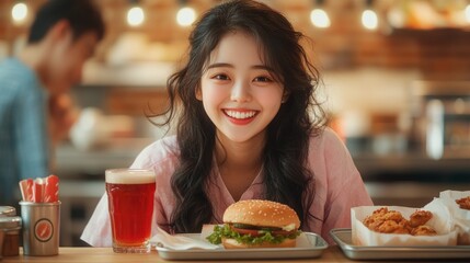 Young girl eating burger and holding cola,Food blogger eating at table,bacon cheese burger with beef,hungry and happy mood girl,food concept.