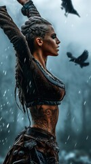 Fierce Viking Warrior Woman with Intricate Face and Body Tattoos in Diverse Natural Settings, from Stormy Seas to Misty Forests, Showcasing Strength, Beauty, and Battle Readiness
