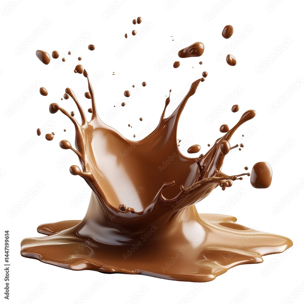 Poster chocolate splash on a white background showcasing a dynamic explosion of cocoa liquid droplets, choc